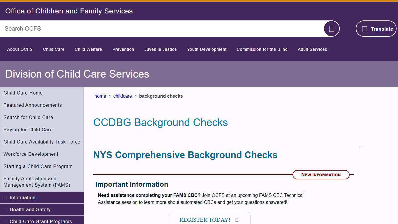 CCDBG Background Checks | Division of Child Care Services | Office of Children and Family Services